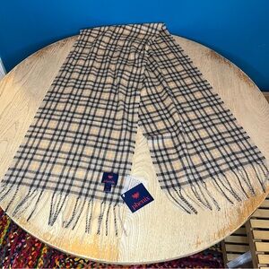 NWT Phenix 100% Cashmere Plaid Fringe Scarf Classic Checked Wrap Tan Black